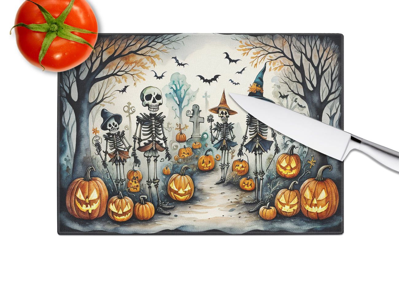 Calacas Skeletons Spooky Halloween Glass Cutting Board