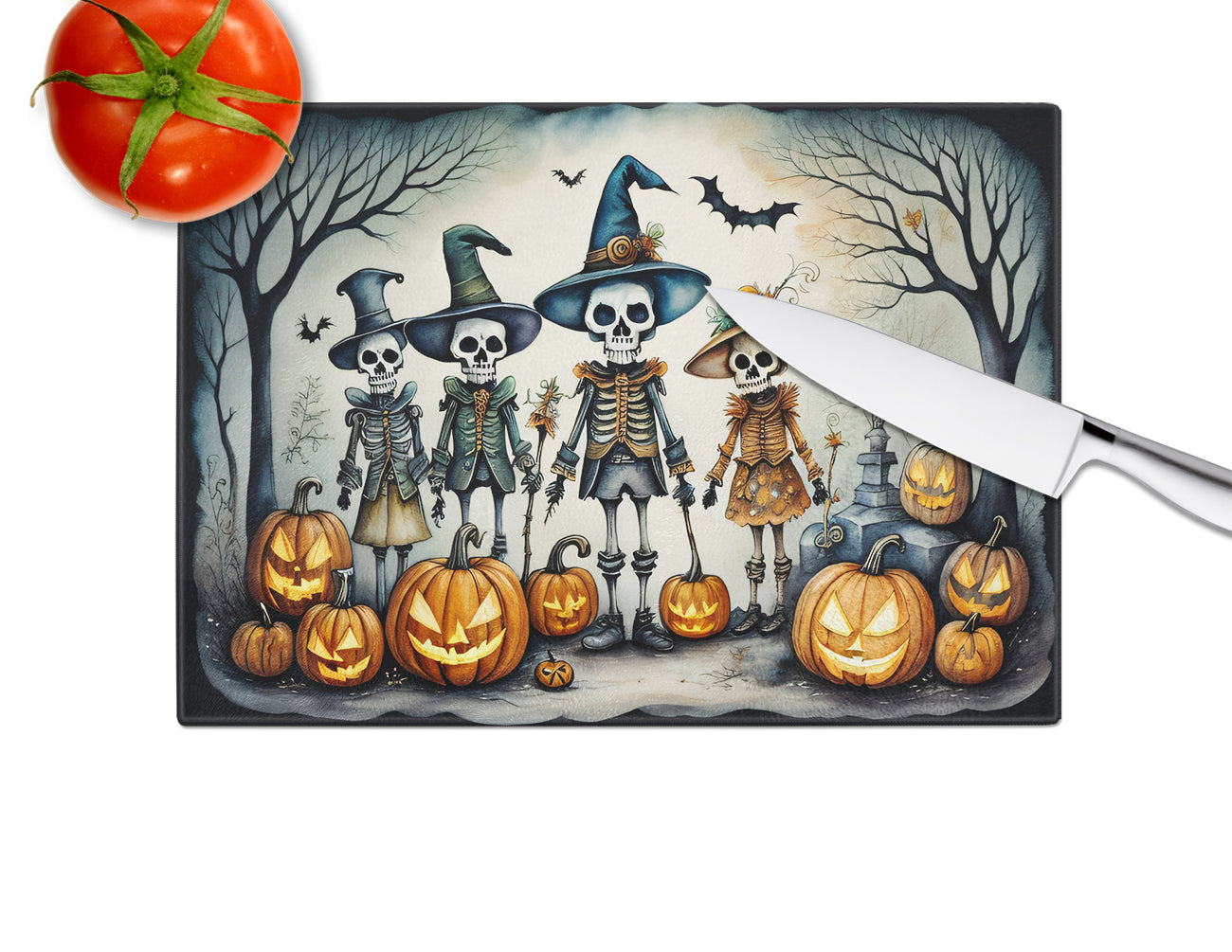 Calacas Skeletons Spooky Halloween Glass Cutting Board