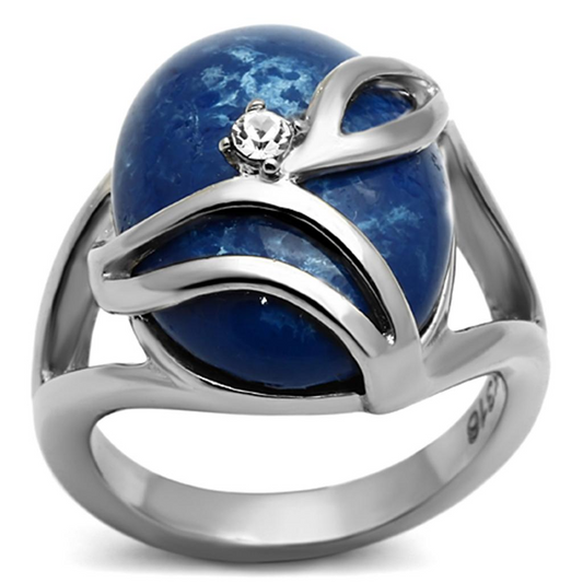 TK1144 - High polished (no plating) Stainless Steel Ring with Synthetic Synthetic Stone in Capri Blue