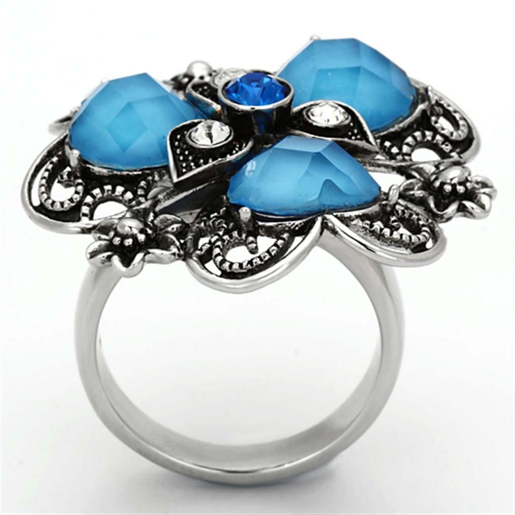 TK1149 - High polished (no plating) Stainless Steel Ring with Synthetic Synthetic Stone in Sea Blue