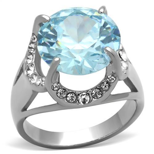 TK1423 - High polished (no plating) Stainless Steel Ring with AAA Grade CZ  in Sea Blue