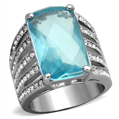 TK1826 - High polished (no plating) Stainless Steel Ring with Synthetic Synthetic Glass in Sea Blue