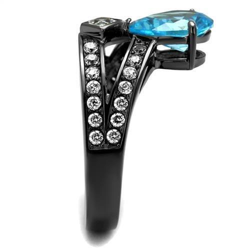 TK2775 - IP Light Black  (IP Gun) Stainless Steel Ring with AAA Grade CZ  in Sea Blue