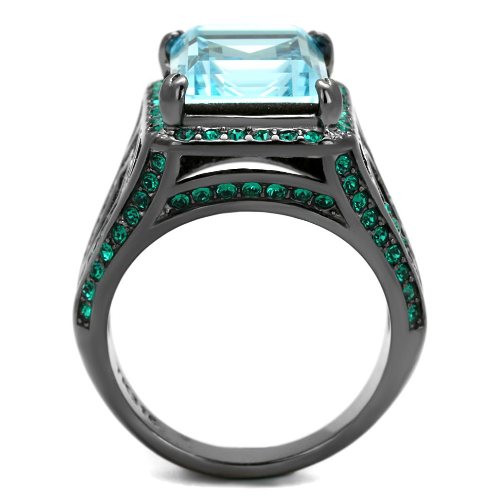 TK2988 - IP Light Black  (IP Gun) Stainless Steel Ring with Top Grade Crystal  in Sea Blue