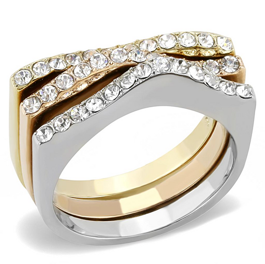 TK3234 - Three Tone (IP Gold & IP Rose Gold & High Polished) Stainless Steel Ring with Top Grade Crystal  in Clear