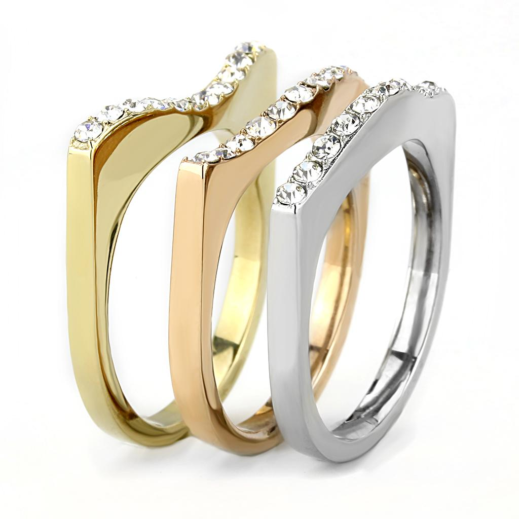 TK3234 - Three Tone (IP Gold & IP Rose Gold & High Polished) Stainless Steel Ring with Top Grade Crystal  in Clear