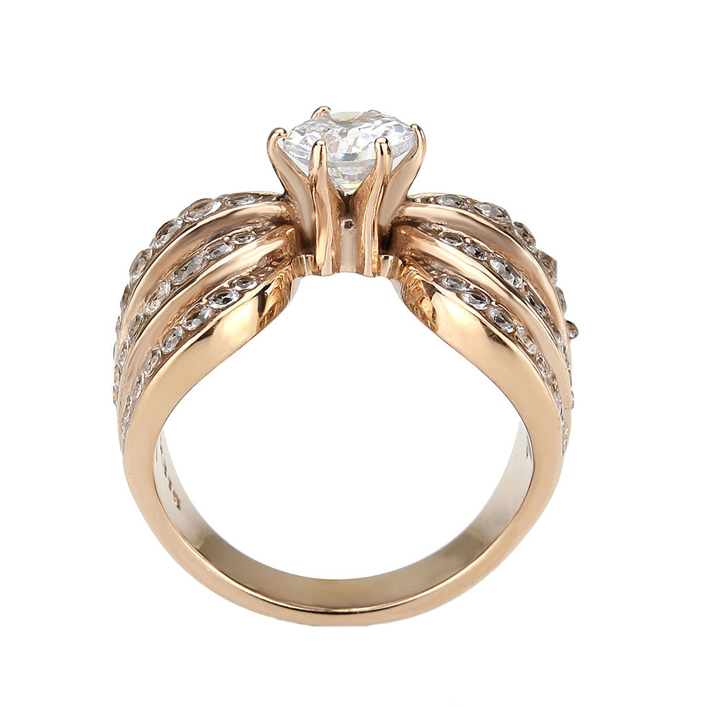 TK3786 - IP Rose Gold(Ion Plating) Stainless Steel Ring with AAA Grade CZ in Clear