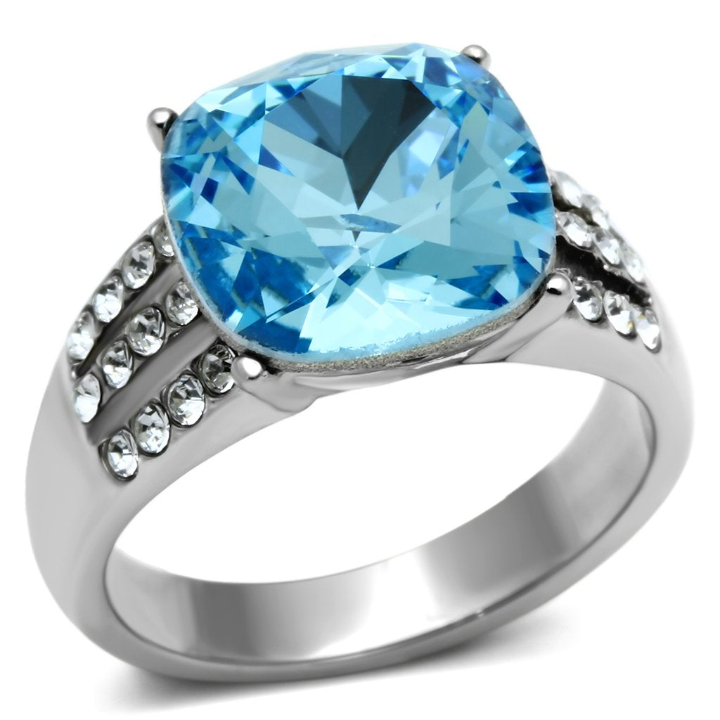 TK647 - High polished (no plating) Stainless Steel Ring with Top Grade Crystal  in Sea Blue