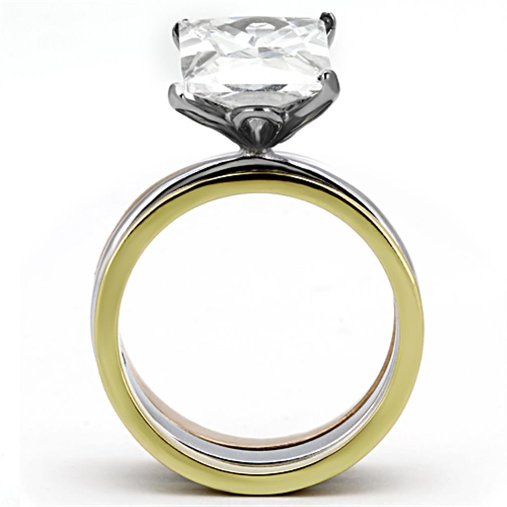 TK962 - Three Tone (IP Gold & IP Rose Gold & High Polished) Stainless Steel Ring with AAA Grade CZ  in Clear