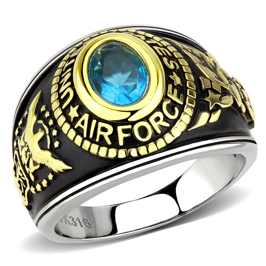 TK3725 - Two-Tone IP Gold (Ion Plating) Stainless Steel Ring with Synthetic Synthetic Glass in Sea Blue