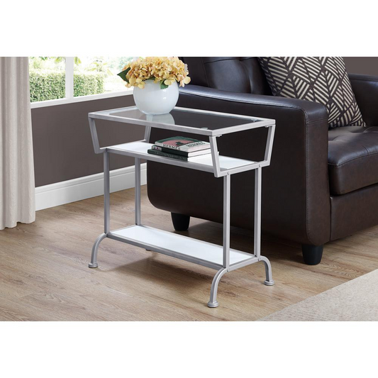 ACCENT TABLE - 22"H / WHITE / SILVER / TEMPERED GLASS