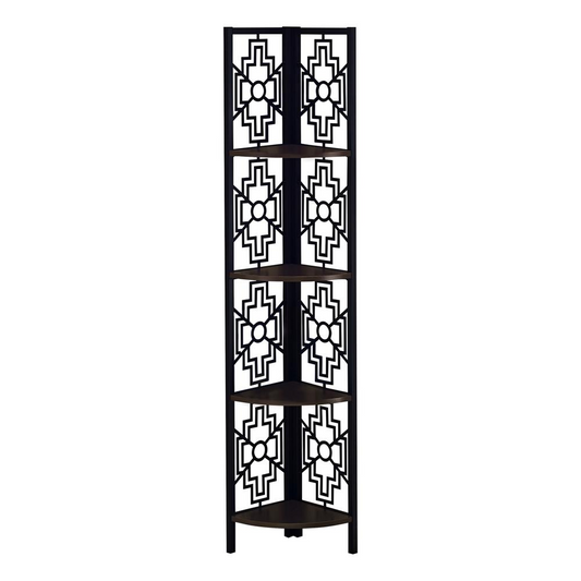 BOOKCASE - 62"H / ESPRESSO / BLACK METAL CORNER ETAGERE