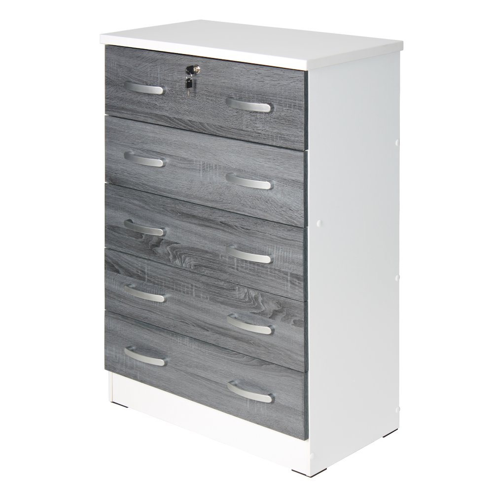 Cindy 5 Drawer Chest Wooden Dresser with Lock in White/Gray