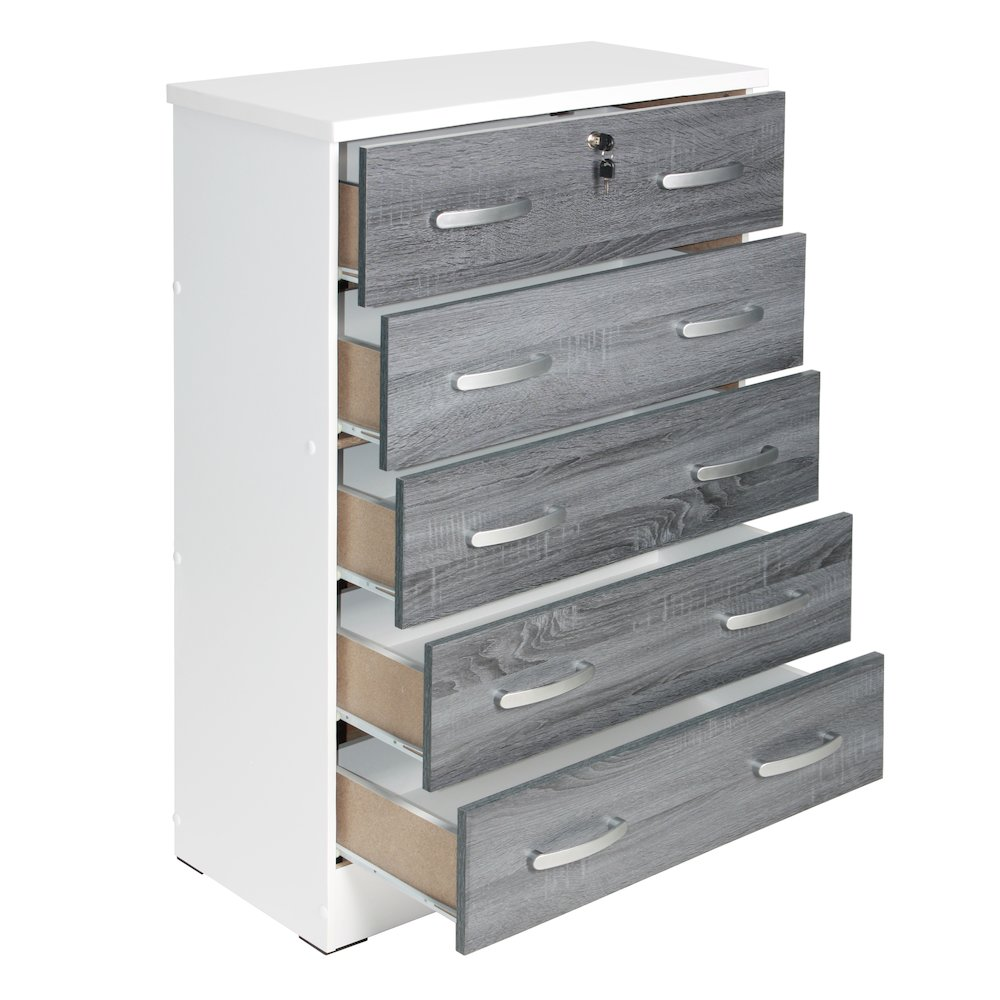 Cindy 5 Drawer Chest Wooden Dresser with Lock in White/Gray