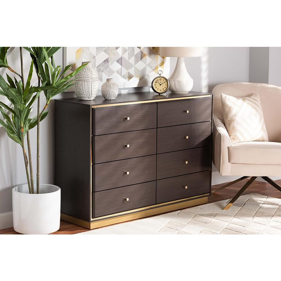 Espresso Brown Finished Wood and Gold Metal 8-Drawer Dresser