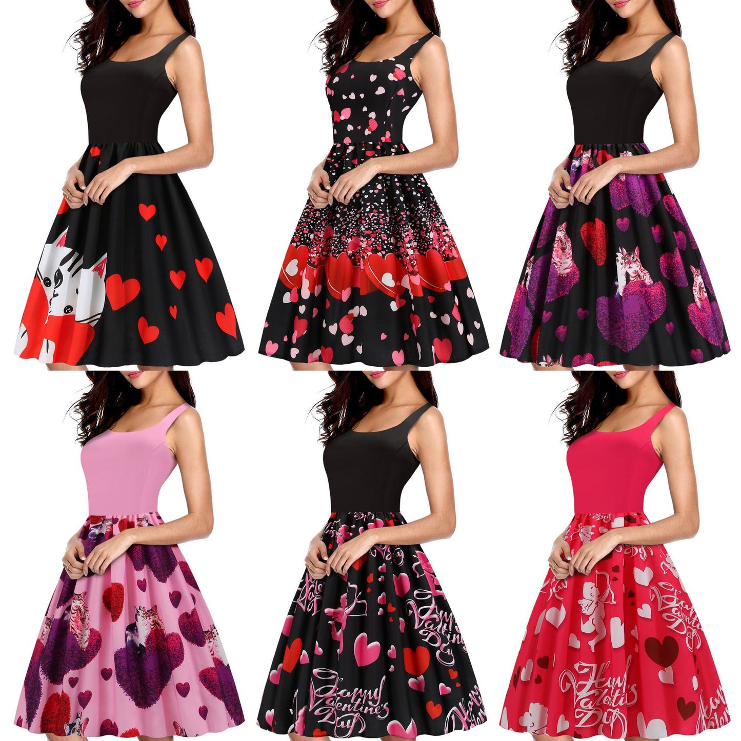 Valentines Day Temperament Stitching Heart Shaped Print Swing Dress