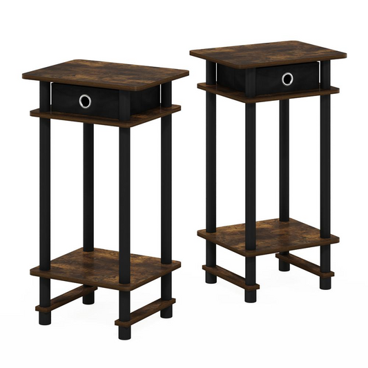 End Table with Bin, Amber Pine/Black/Black, Set of 2