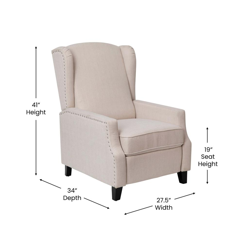 Prescott Traditional Style Slim Push Back Recliner Chair-Wingback Recliner with Cream Fabric Upholstery-Accent Nail Trim