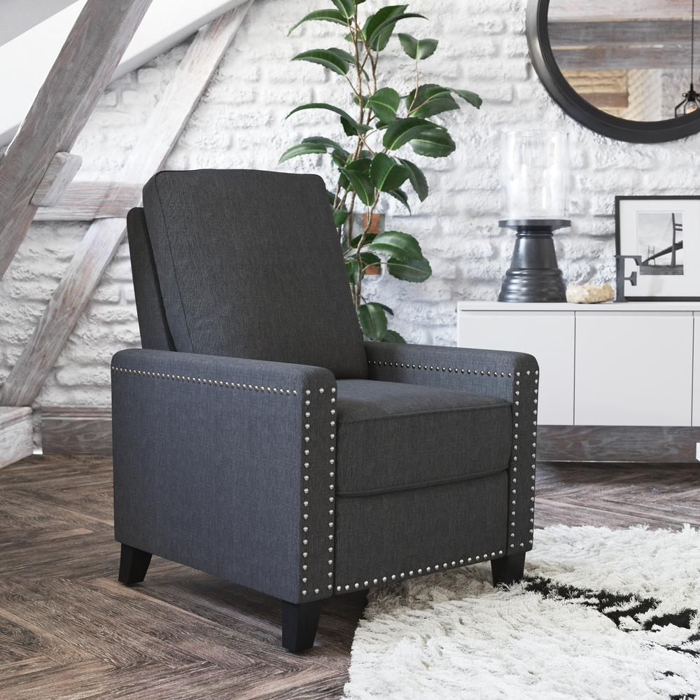 Carson Transitional Style Push Back Recliner Chair - Pillow Back Recliner - Gray Fabric Upholstery - Accent Nail Trim