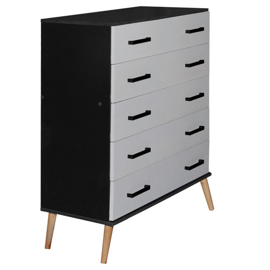 Eli Mid-Century Modern 5 Drawer Chest in Black & Light Gray