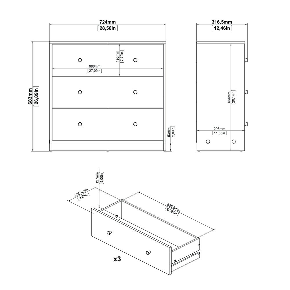 Portland 3 Drawer Chest - White