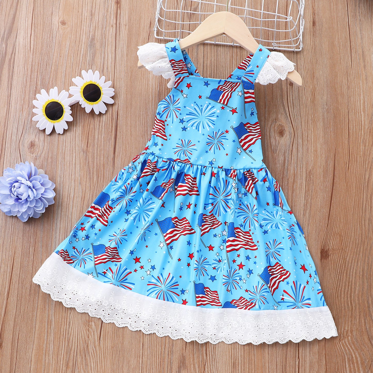 Kids Summer Sleeveless Firework Flag Dress