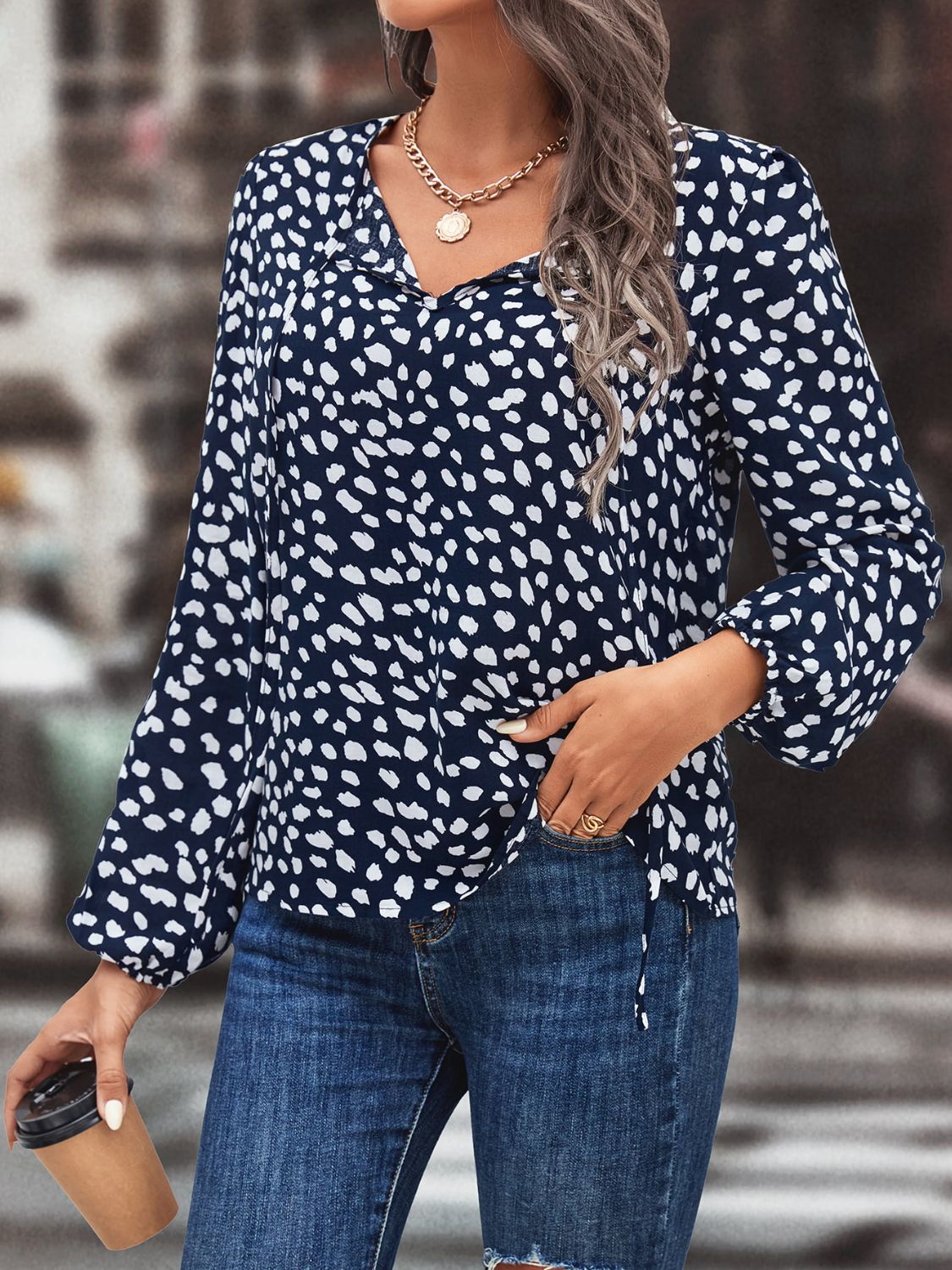 Printed Tie Neck Long Sleeve Blouse