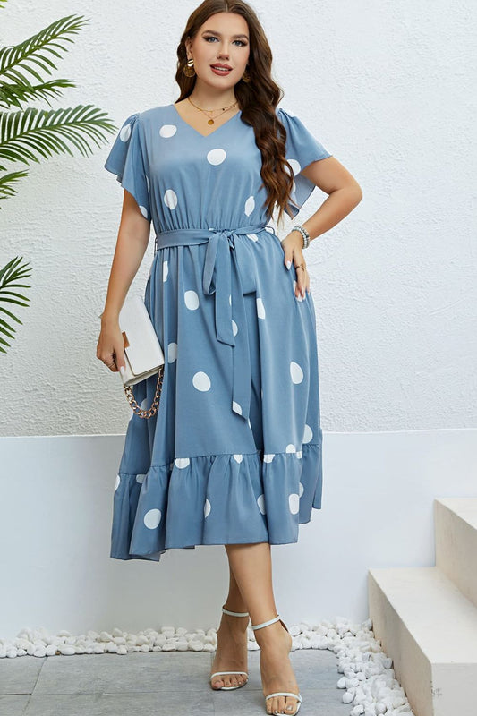 Polka Dot Belted Flutter Sleeve Ruffle Hem Dress