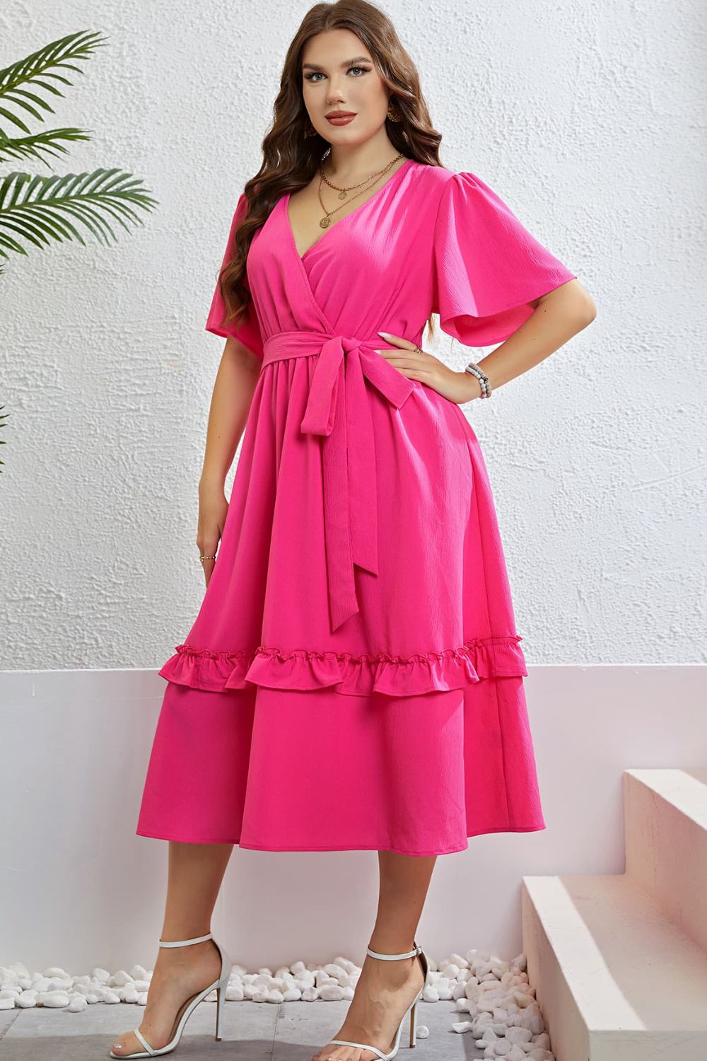 Belted Frill Trim Flutter Sleeve Dress