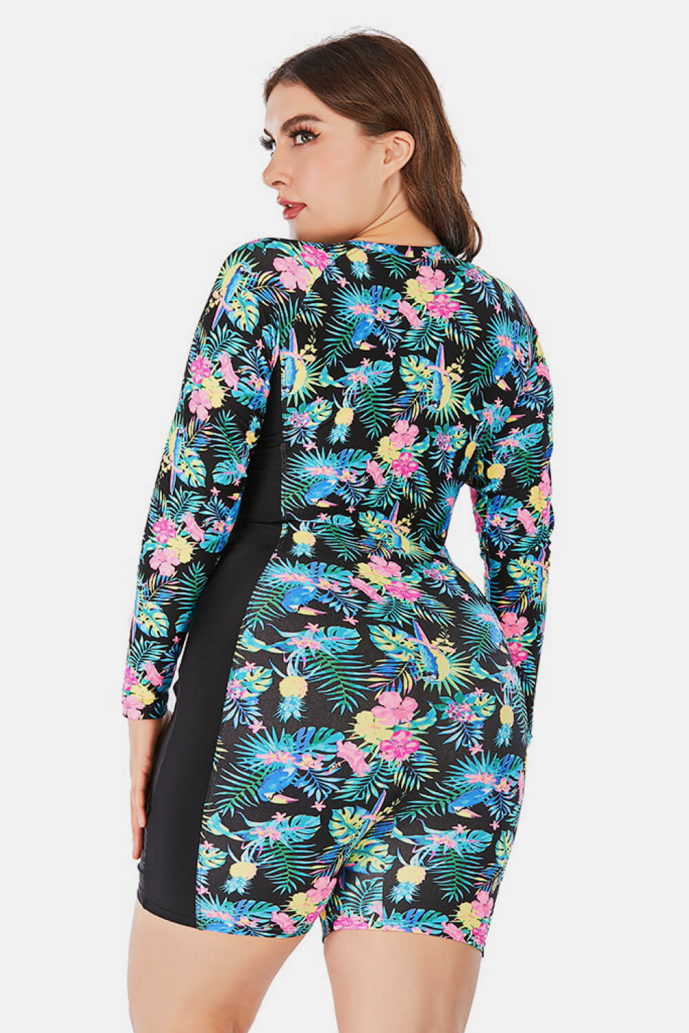 Plus Size Floral Zip Up  Long Sleeve Short Wetsuit